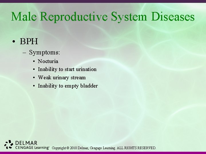 Male Reproductive System Diseases • BPH – Symptoms: • • Nocturia Inability to start