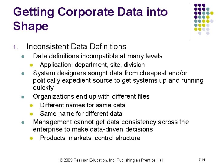 Getting Corporate Data into Shape Inconsistent Data Definitions 1. l l Data definitions incompatible
