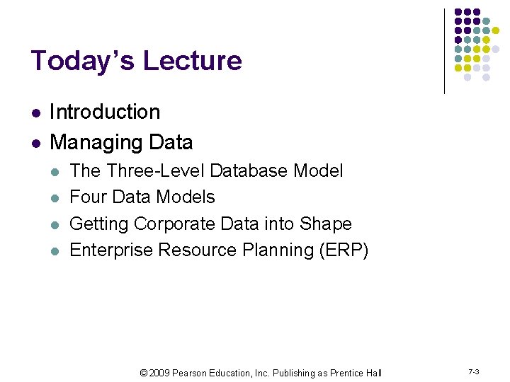 Today’s Lecture l l Introduction Managing Data l l The Three-Level Database Model Four