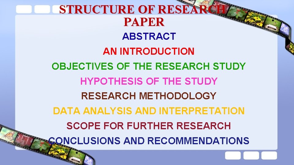 STRUCTURE OF RESEARCH PAPER ABSTRACT AN INTRODUCTION OBJECTIVES OF THE RESEARCH STUDY HYPOTHESIS OF STRUCTURE OF RESEARCH PAPER ABSTRACT AN INTRODUCTION OBJECTIVES OF THE RESEARCH STUDY HYPOTHESIS OF