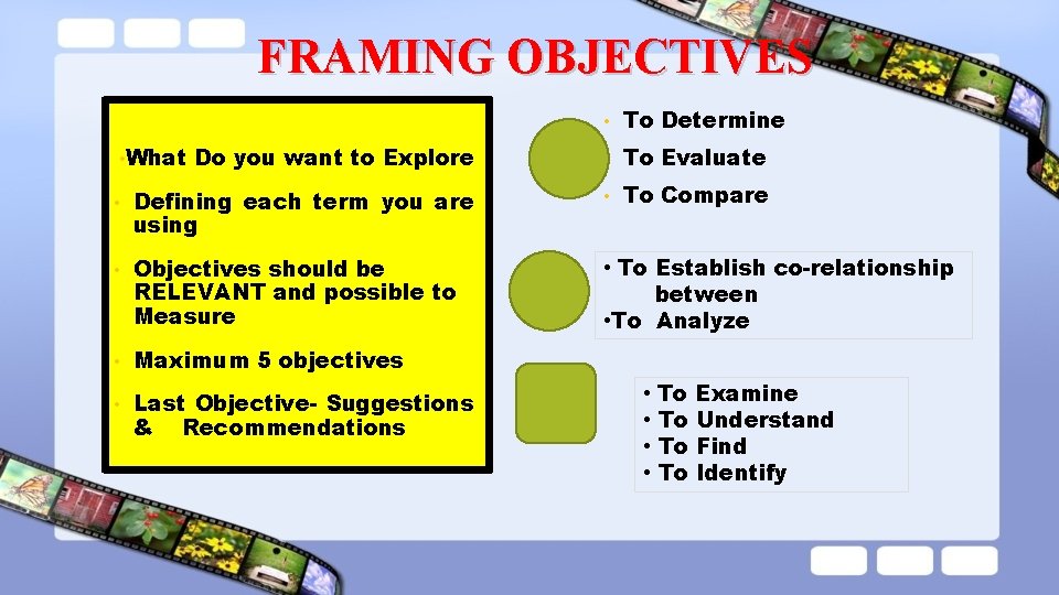 FRAMING OBJECTIVES • To Determine Do you want to Explore • To Evaluate • FRAMING OBJECTIVES • To Determine Do you want to Explore • To Evaluate •