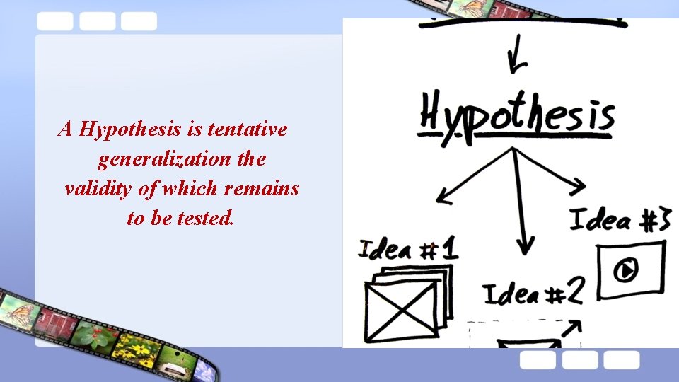 A Hypothesis is tentative generalization the validity of which remains to be tested. A Hypothesis is tentative generalization the validity of which remains to be tested.
