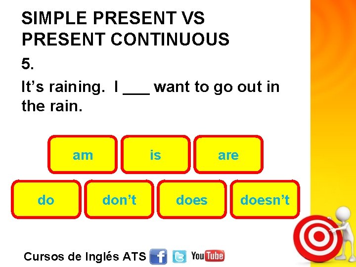 SIMPLE PRESENT VS PRESENT CONTINUOUS 5. It’s raining. I ___ want to go out