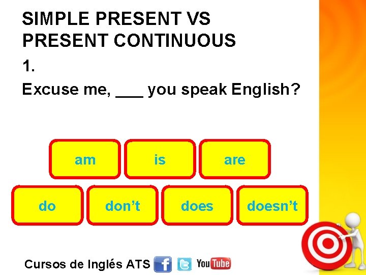 SIMPLE PRESENT VS PRESENT CONTINUOUS 1. Excuse me, ___ you speak English? am do