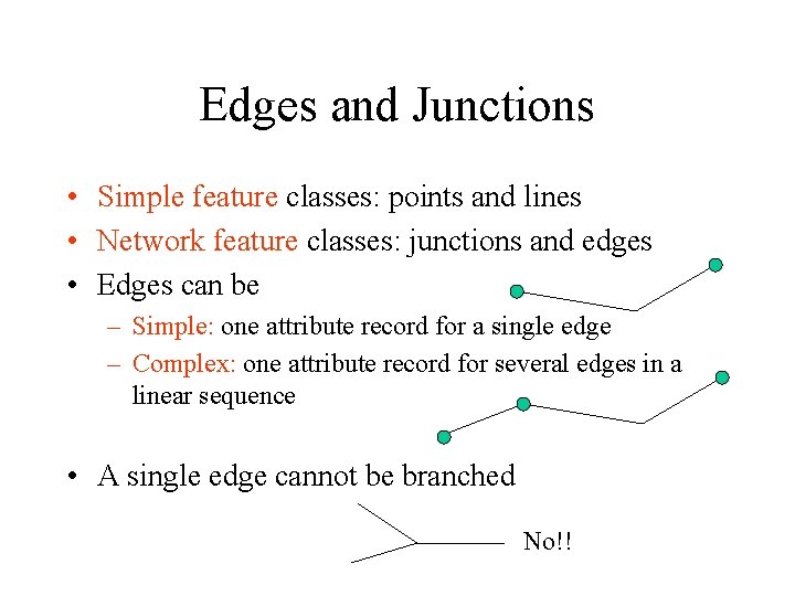Edges and Junctions • Simple feature classes: points and lines • Network feature classes: