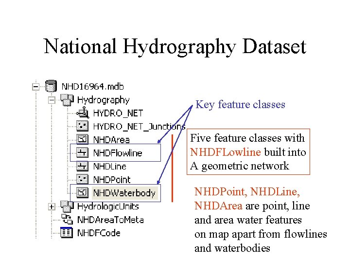 National Hydrography Dataset Key feature classes Five feature classes with NHDFLowline built into A
