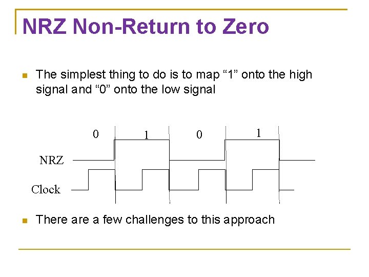 NRZ Non-Return to Zero The simplest thing to do is to map “ 1”