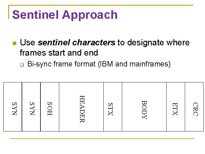 Sentinel Approach Use sentinel characters to designate where frames start and end Bi-sync frame