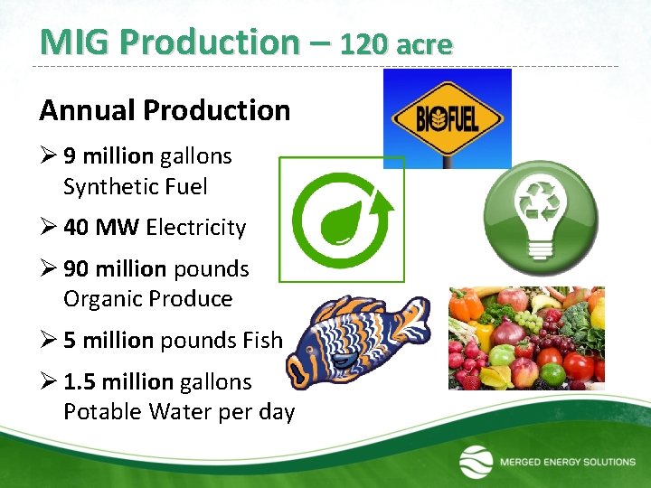 MIG Production – 120 acre Annual Production Ø 9 million gallons Synthetic Fuel Ø