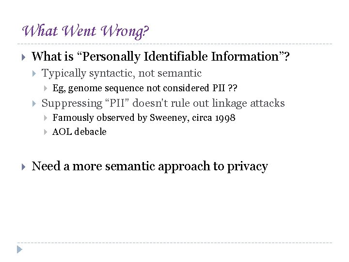 What Went Wrong? What is “Personally Identifiable Information”? Typically syntactic, not semantic Suppressing “PII”