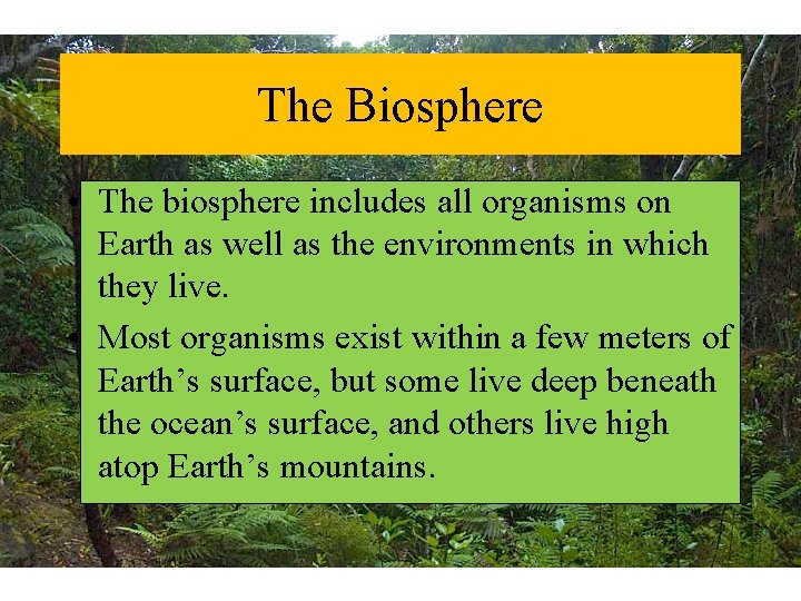 The Biosphere • The biosphere includes all organisms on Earth as well as the
