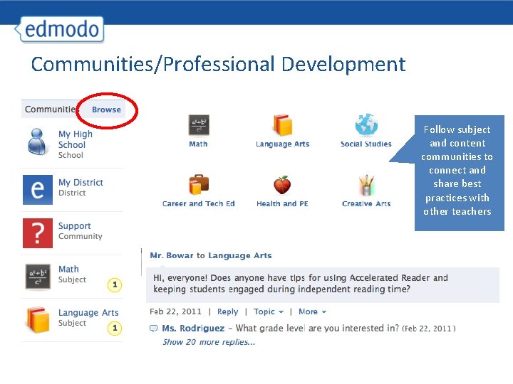 Communities/Professional Development Follow subject and content communities to connect and share best practices with