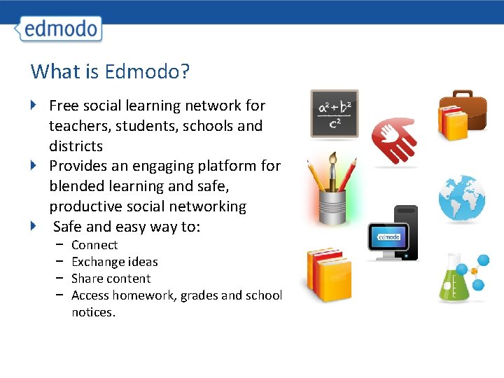 What is Edmodo? Free social learning network for teachers, students, schools and districts Provides