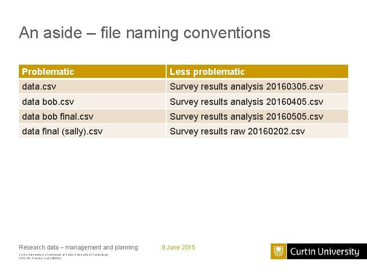 An aside – file naming conventions Problematic Less problematic data. csv Survey results analysis
