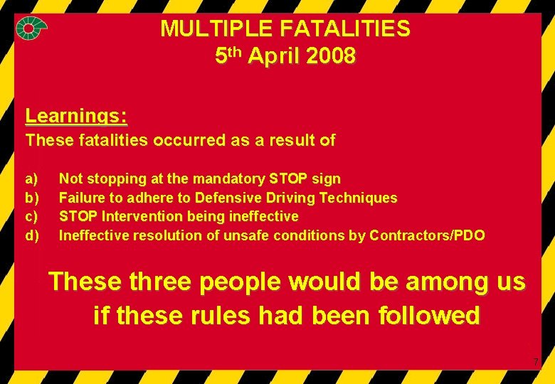FATALITY MULTIPLE FATALITIES 5 th 2008 5 th. APRIL April 2008 Learnings: These fatalities