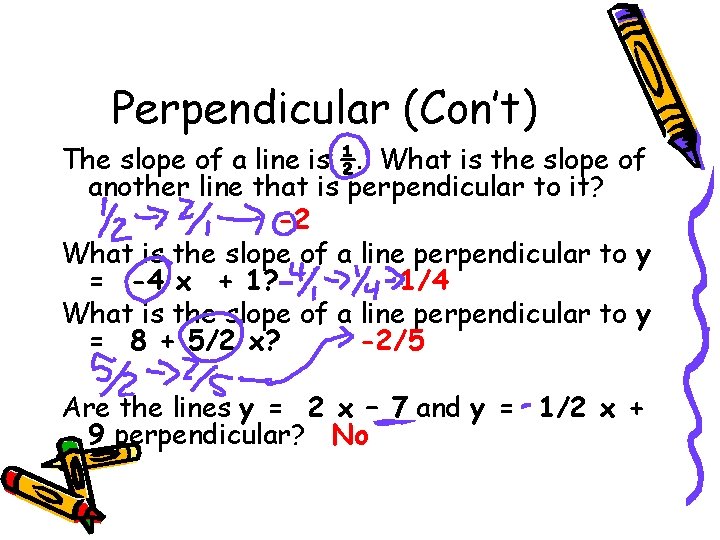 Perpendicular (Con’t) The slope of a line is ½. What is the slope of