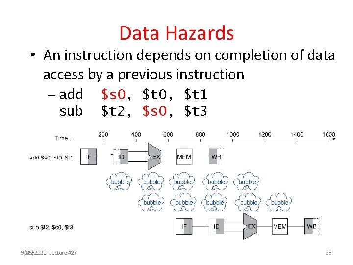 Data Hazards • An instruction depends on completion of data access by a previous