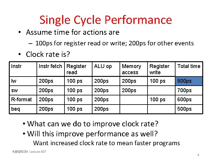 Single Cycle Performance • Assume time for actions are – 100 ps for register