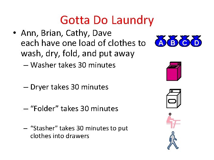 Gotta Do Laundry • Ann, Brian, Cathy, Dave each have one load of clothes