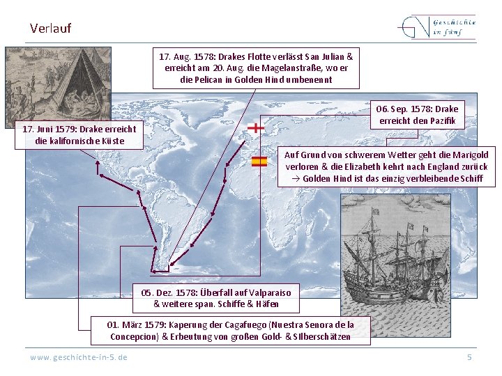 Verlauf 17. Aug. 1578: Drakes Flotte verlässt San Julian & erreicht am 20. Aug.