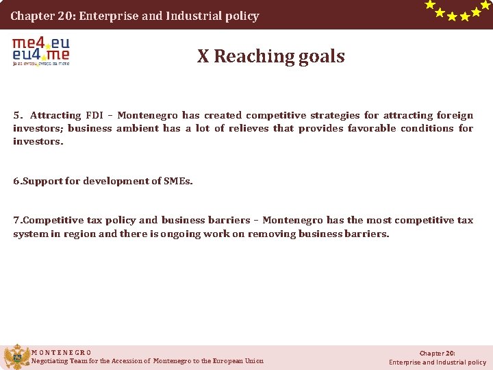 Chapter 20: Enterprise and Industrial policy X Reaching goals 5. Attracting FDI – Montenegro