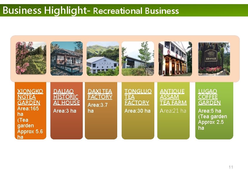 Business Highlight- Recreational Business XIONGKO NGTEA GARDEN Area: 165 ha (Tea garden Approx 5.