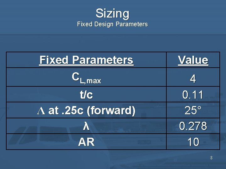 Sizing Fixed Design Parameters Fixed Parameters CL, max t/c Λ at. 25 c (forward)