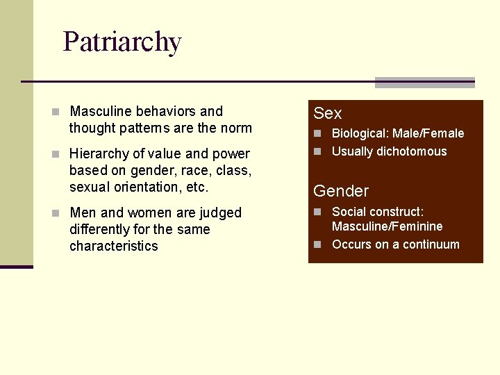 Patriarchy n Masculine behaviors and thought patterns are the norm n Hierarchy of value