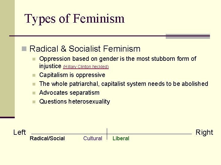 Types of Feminism n Radical & Socialist Feminism n n n Left Oppression based