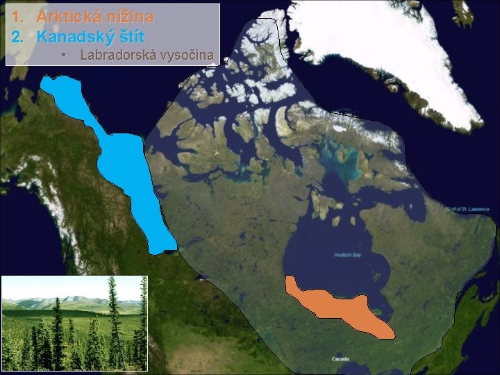 1. Arktická nížina 2. Kanadský štít • Labradorská vysočina 