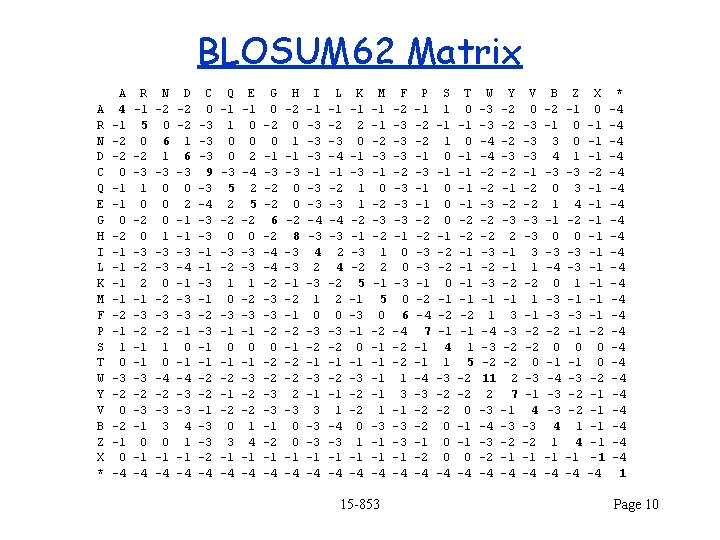 BLOSUM 62 Matrix A R N D C Q E G H I L
