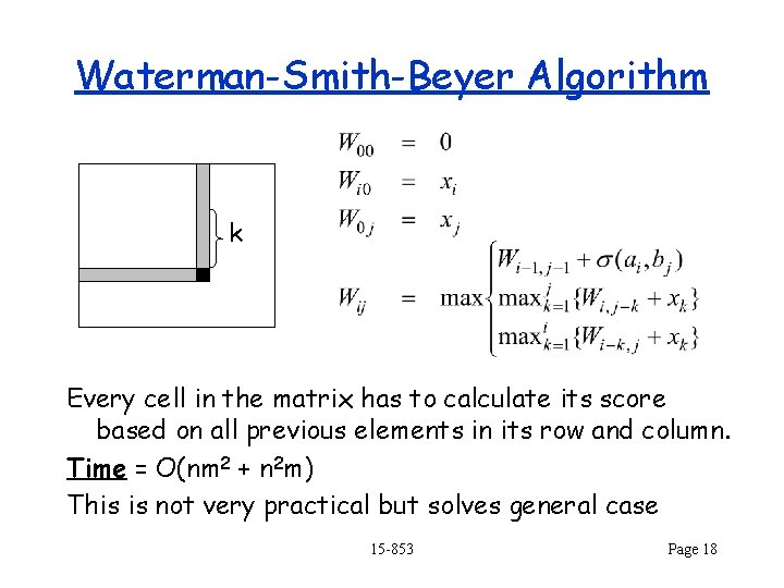 Waterman-Smith-Beyer Algorithm k Every cell in the matrix has to calculate its score based