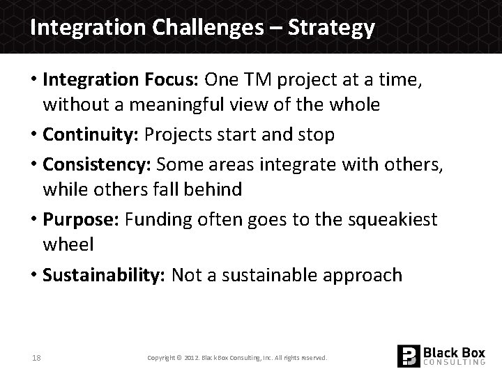 Integration Challenges – Strategy • Integration Focus: One TM project at a time, without