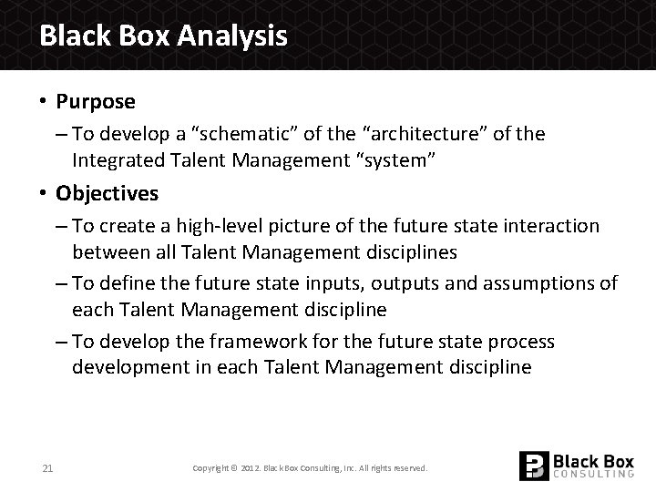 Black Box Analysis • Purpose – To develop a “schematic” of the “architecture” of