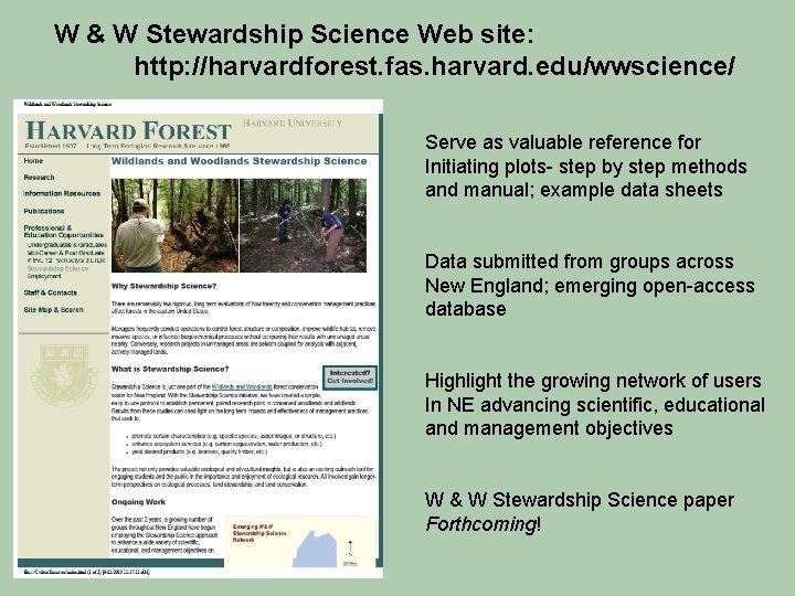 W & W Stewardship Science Web site: http: //harvardforest. fas. harvard. edu/wwscience/ Serve as