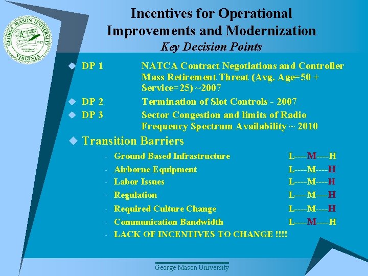 Incentives for Operational Improvements and Modernization Key Decision Points u DP 1 NATCA Contract