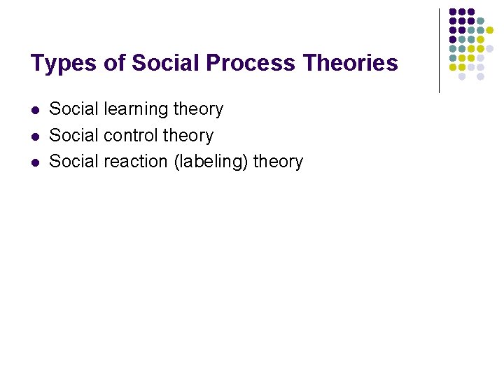 Types of Social Process Theories l l l Social learning theory Social control theory Types of Social Process Theories l l l Social learning theory Social control theory