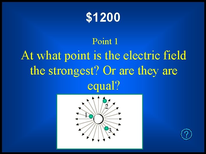 $1200 Point 1 At what point is the electric field the strongest? Or are