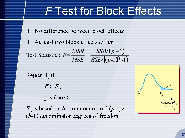 F Test for Block Effects H 0: No difference between block effects Ha: At