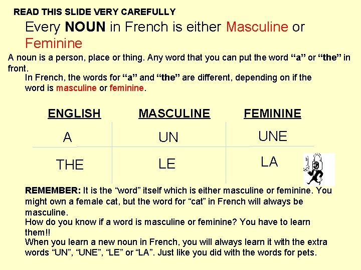 READ THIS SLIDE VERY CAREFULLY Every NOUN in French is either Masculine or Feminine