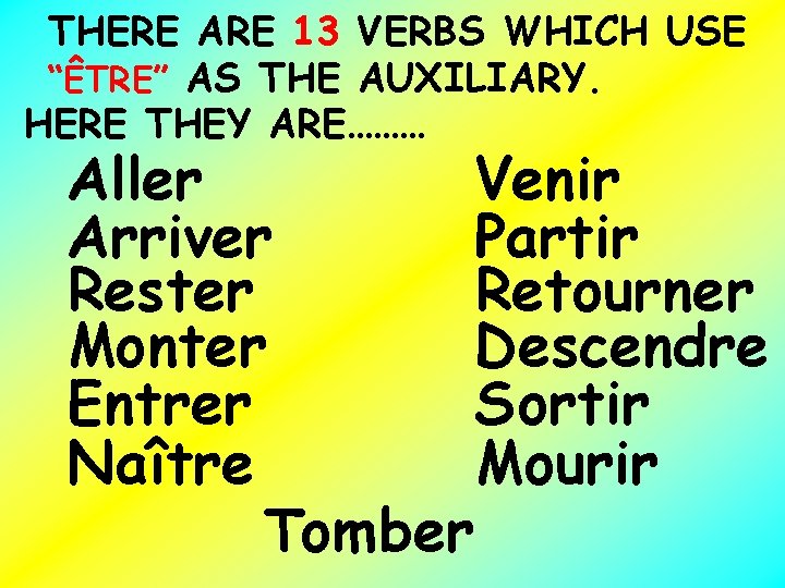 THERE ARE 13 VERBS WHICH USE “ÊTRE” AS THE AUXILIARY. HERE THEY ARE……… Aller