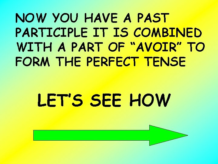 NOW YOU HAVE A PAST PARTICIPLE IT IS COMBINED WITH A PART OF “AVOIR”