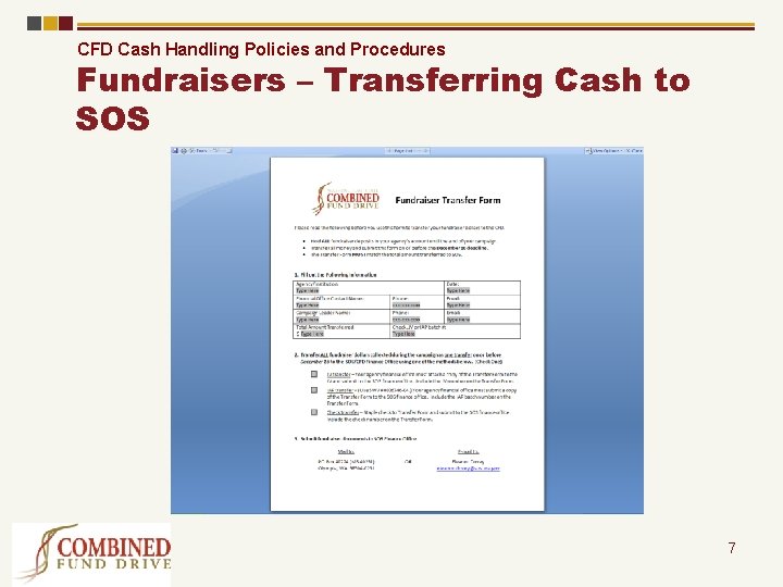 CFD Cash Handling Policies and Procedures Fundraisers – Transferring Cash to SOS 7 