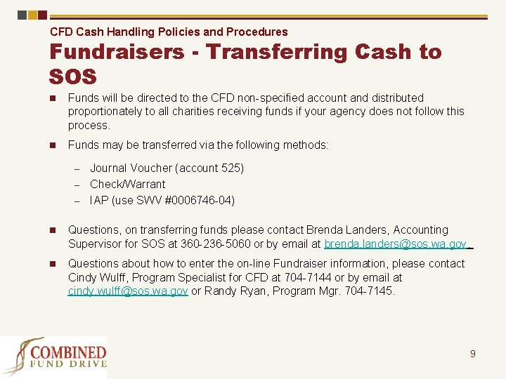 CFD Cash Handling Policies and Procedures Fundraisers - Transferring Cash to SOS n Funds
