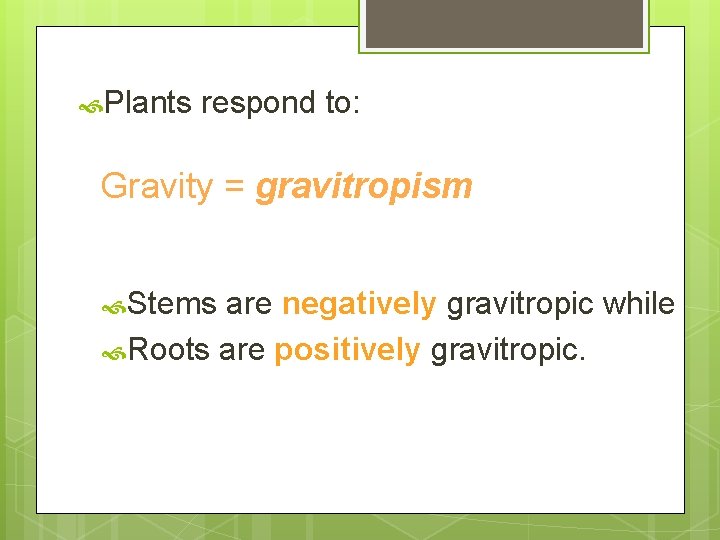  Plants respond to: Gravity = gravitropism Stems are negatively gravitropic while Roots are