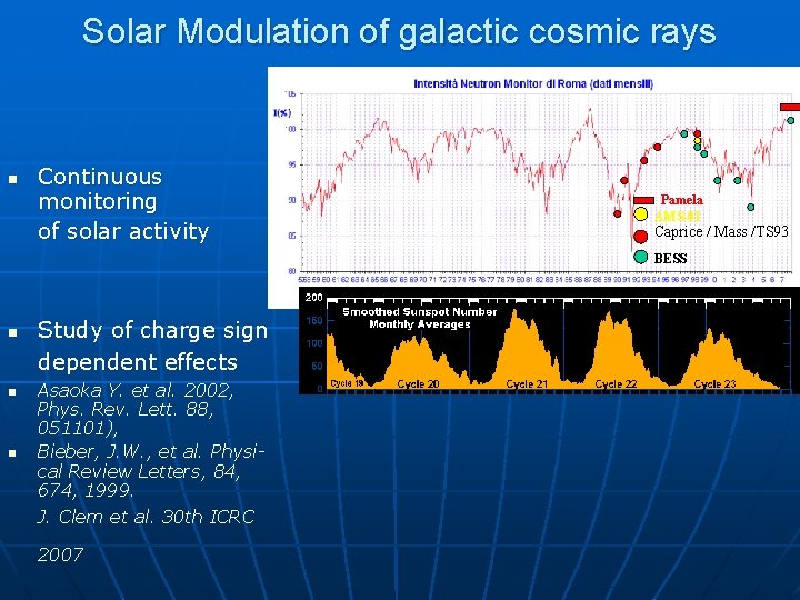 Solar Modulation of galactic cosmic rays n Continuous monitoring of solar activity Pamela AMS-01