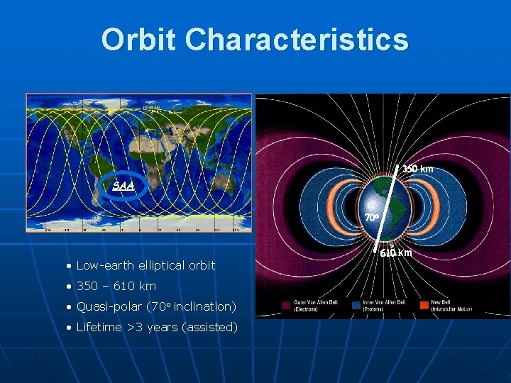 Orbit Characteristics 350 km SAA 70 o • Low-earth elliptical orbit • 350 – Orbit Characteristics 350 km SAA 70 o • Low-earth elliptical orbit • 350 –
