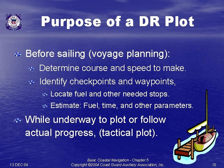 Purpose of a DR Plot Before sailing (voyage planning): Determine course and speed to