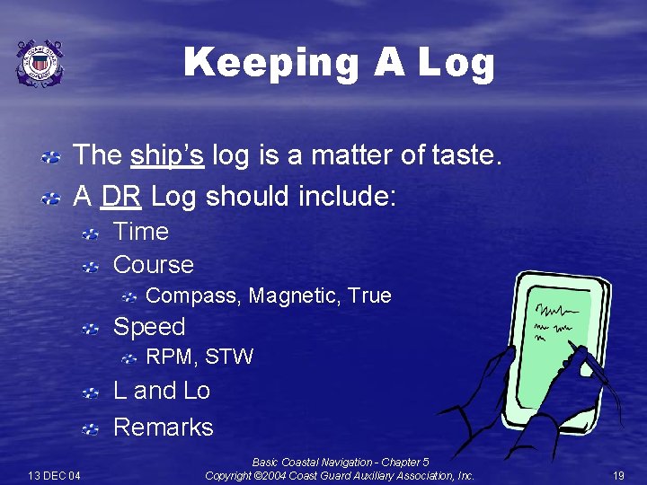Keeping A Log The ship’s log is a matter of taste. A DR Log