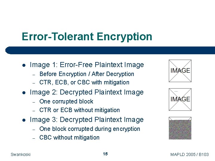 Error-Tolerant Encryption l Image 1: Error-Free Plaintext Image – – l Image 2: Decrypted Error-Tolerant Encryption l Image 1: Error-Free Plaintext Image – – l Image 2: Decrypted